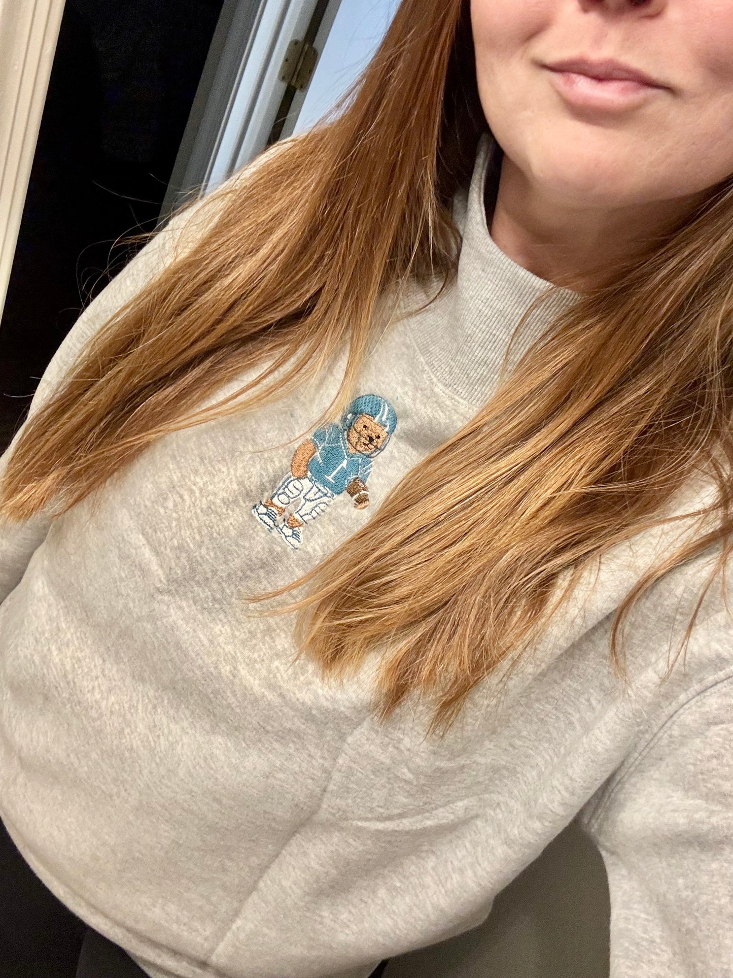 Custom Football Bear Embroidered Mock Neck Sweatshirt | Team Colors