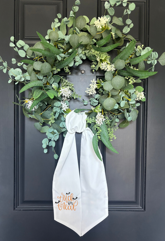Trick or Treat Halloween Wreath Sash | Halloween Door Decor | Embroidered Trick or Treat Ribbon
