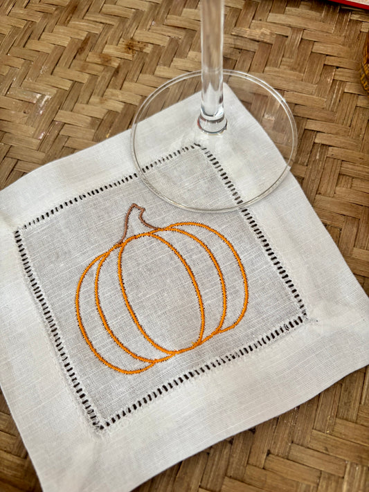 Embroidered Pumpkin Cocktail Napkin 4-pk | Fall Cocktail Napkin | Thanksgiving Table Decor