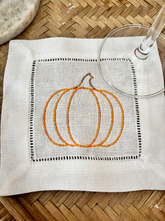 Embroidered Pumpkin Cocktail Napkin 4-pk | Fall Cocktail Napkin | Thanksgiving Table Decor